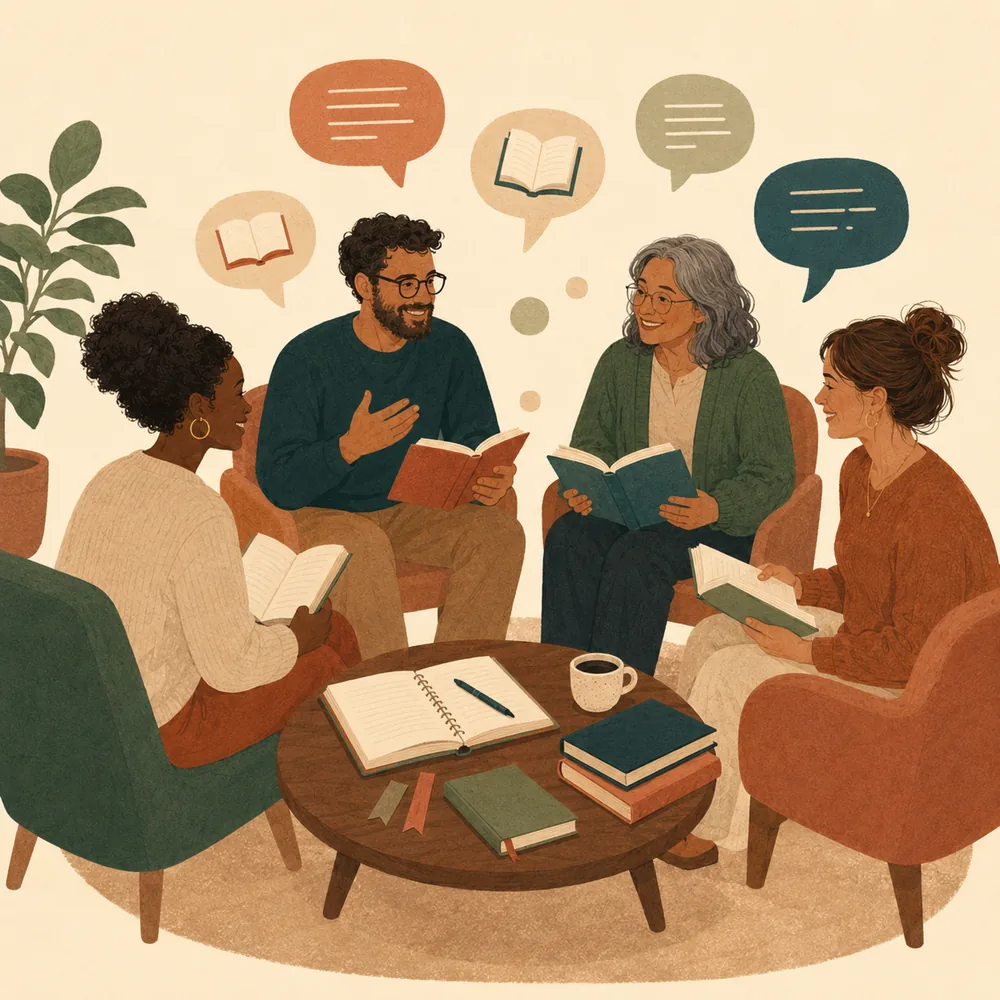 Roda de leitura com pessoas conversando sobre o mesmo livro