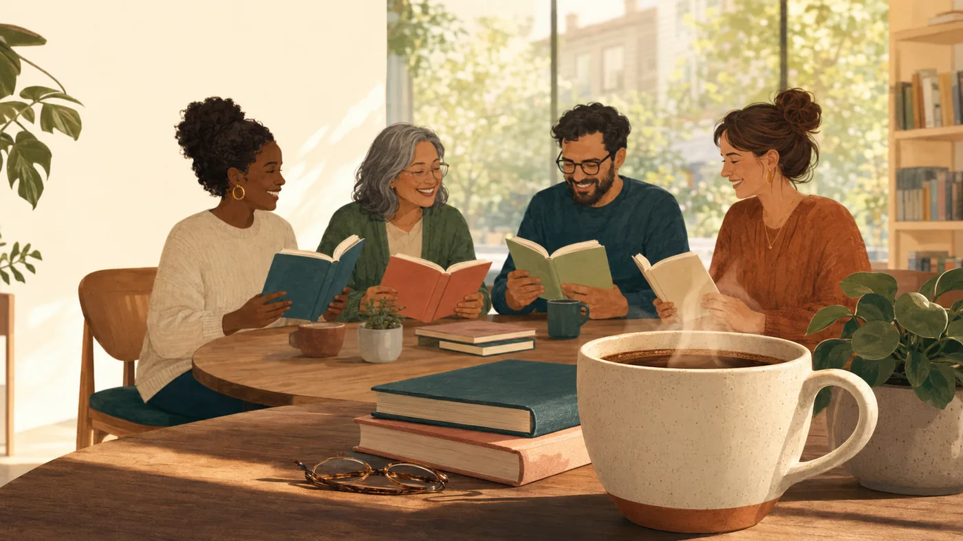 Grupo de pessoas lendo o mesmo livro juntas em um círculo de leitura