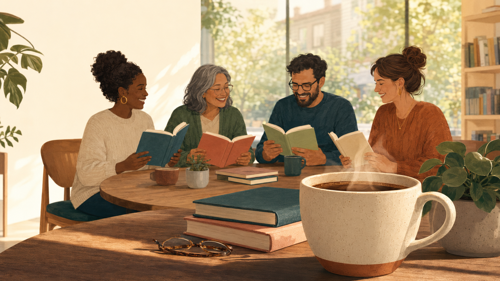 Grupo de pessoas lendo o mesmo livro juntas em um círculo de leitura