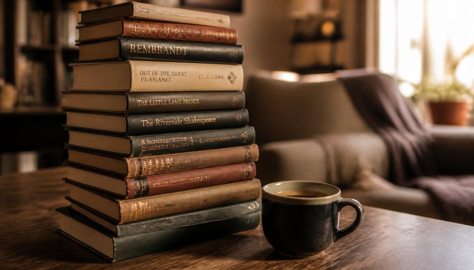 Pilha de livros e uma caneca de café em um ambiente de leitura